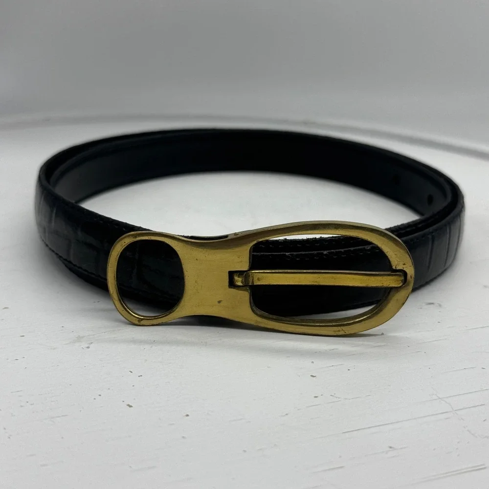 Vintage Black Croc Genuine Embossed Leather Belt Solid Brass Oval Buckle Size ML